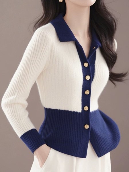 

Color Block Buttoned Casual Sweater, As picture, Pullovers