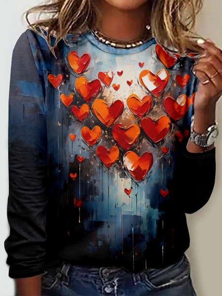 

Casual Heart/Cordate Crew Neck Long Sleeve T-shirt, Black, T-shirts