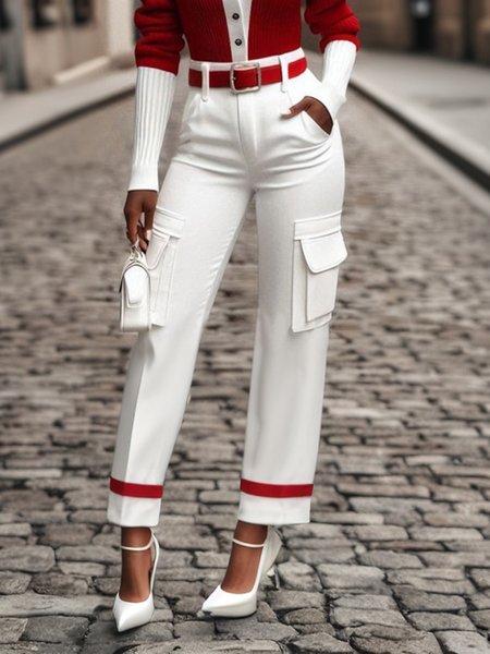 

Color Block Urban Cargo Ankle Pants With No Belt, White-red, Pants