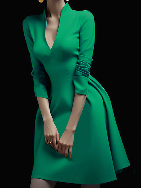 Plain Elegant Long Sleeve Mini Dress, Green, Midi Dresses