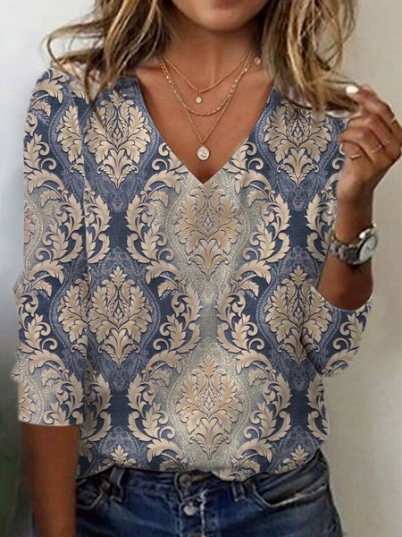 Ethnic Print Long Sleeve V-Neck T-shirt, Apricot, Long sleeves