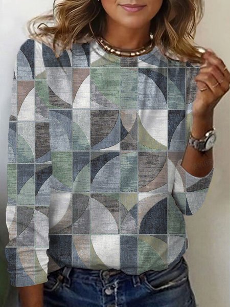 

Geometric Print Long Sleeve Crew Neck T-shirt, Gray, Long sleeves