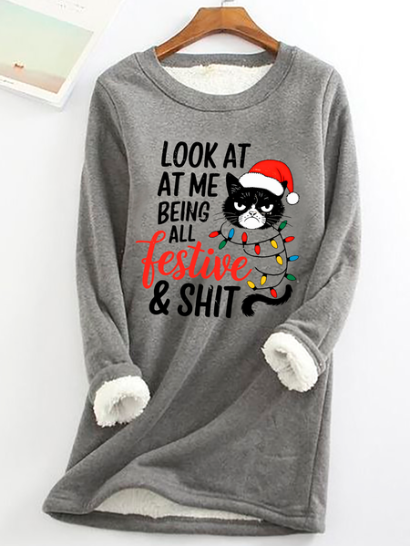 

Grumpy Cat Christmas Look At Me Being All Festive Casual Fluff Fleece Fabric Sweatshirt, Gray, Hoodies&Sweatshirts