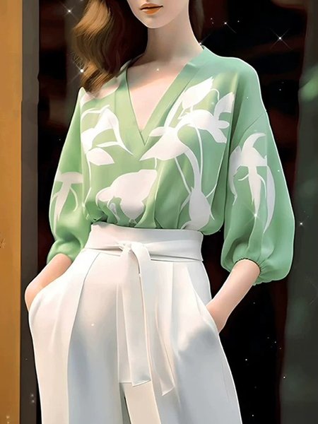 

Raglan Sleeve V Neck Casual Plants Loose Blouse, Green, Blouses and Shirts