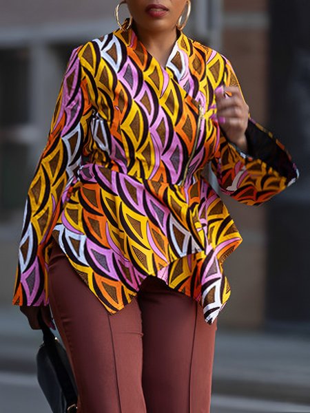 

Urban Geometric Printing Cross Neck Blouse, As picture, Blouses and Shirts