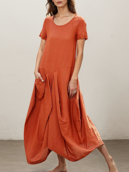 

Linen Plain Crew Neck Maxi Dress, Orange, Midi Dresses