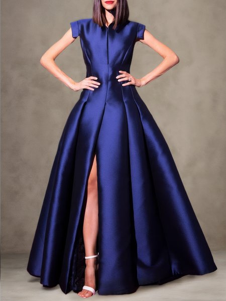 Elegant Plain Satin Party Dress, Deep blue, Maxi Dresses