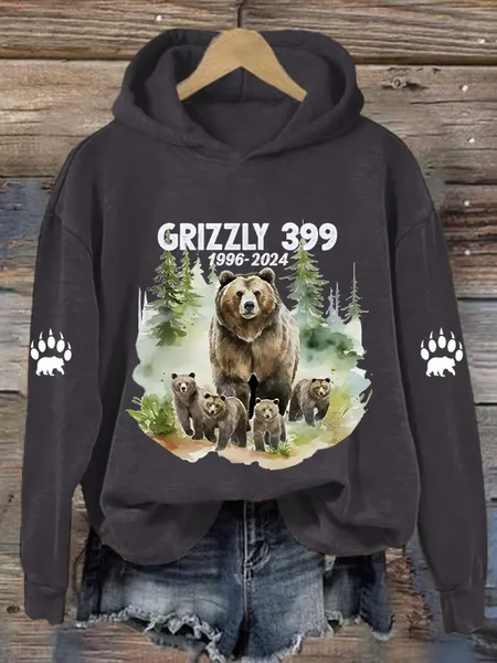 Women's Grizzly 399 Printed Casual Hoodie, Deep gray, Hoodies&Sweatshirts