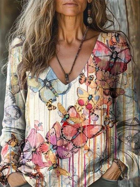 

Vintage Colorful Butterfly Pattern V Neck Long Sleeve T-shirt, As picture, T-shirts