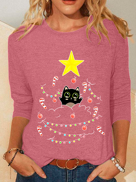 

Cat Is Adorning The Christmas Tree Casual Long Sleeve Shirt, Watermelon, Long sleeves