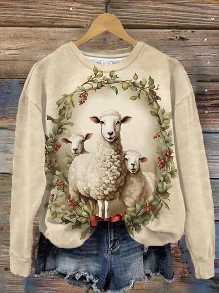 

Women's Christmas Lamb Print Long Sleeve Sweatshirt, Apricot, Hoodies&Sweatshirts