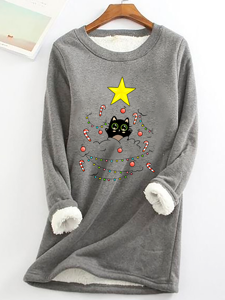 

Cat Is Adorning The Christmas Tree Casual Fluff Fleece Fabric Sweatshirt, Gray, Hoodies&Sweatshirts