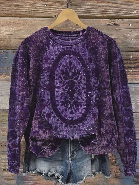 

Women's Crew Neck Ethnic Casual Spring/Fall Long Sleeve Sweatshirt, Purple, Sweatshirts & Hoodies