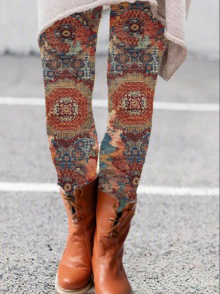 Women's Casual Ethnic Jersey All Season Long Leggings, Wine red, Leggings
