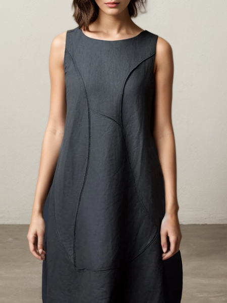 

Linen Plain Crew Neck Mini Dress, Black, Midi Dresses