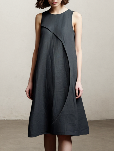 

Linen Plain Crew Neck Mini Dress, Black, Midi Dresses