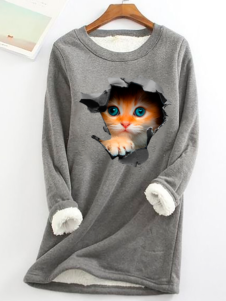 Cute Cat Casual Fluff Fleece Fabric Sweatshirt, Gray, Hoodies&Sweatshirts