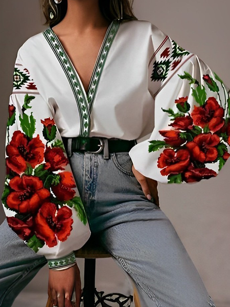 

Urban Floral Balloon Sleeve Shirt, As picture, Blouses and Shirts