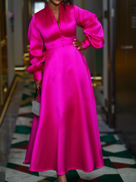 

Elegant Plain Balloon Sleeve Satin Party Maxi Dress, Rose red, Maxi Dresses