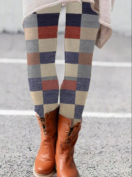 Plaid Print Leggings, Multicolor, Leggings