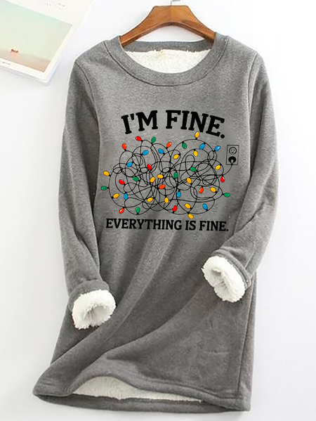 I'm Fine Casual Fluff Fleece Fabric Sweatshirt, Gray, Hoodies&Sweatshirts