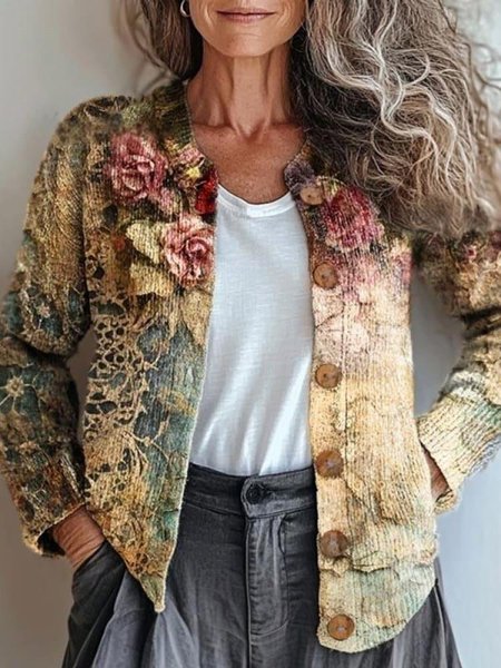 

Women's Vintage Spring/Fall Gradient Pattern Knitted Cardigan, As picture, Cardigans