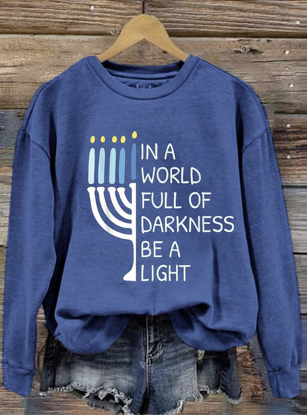 

Casual Crew Neck Text Letters Hanukkah Sweatshirt, Blue, Hoodies & Sweatshirts