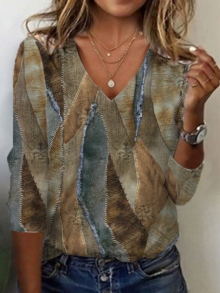 

Geometric Print Long Sleeve V-Neck T-shirt, Brown, Long sleeves