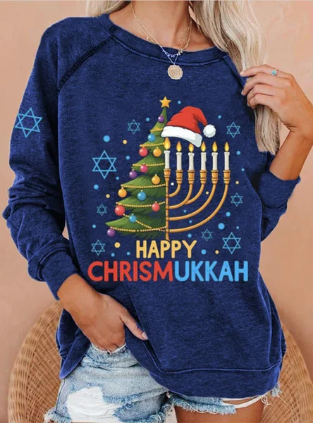 

Casual Crew Neck Text Letters Hanukkah Sweatshirt, Blue, Hoodies & Sweatshirts