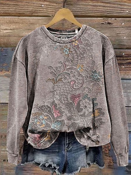 

Casual Crew Neck Floral Sweatshirt, Deep gray, Hoodies & Sweatshirts