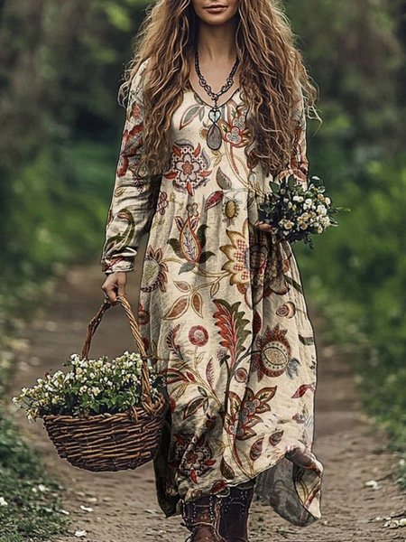

Botanical Pattem Long Sleeve V-neck Dress, Apricot, Dresses