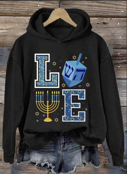 Casual Hoodie Text Letters Hanukkah Hoodie, Black, Hoodies & Sweatshirts