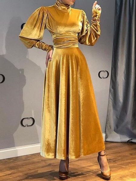 Elegant Velvet Plain Balloon Sleeve Stand Collar Maxi Dress, Yellow, Maxi Dresses