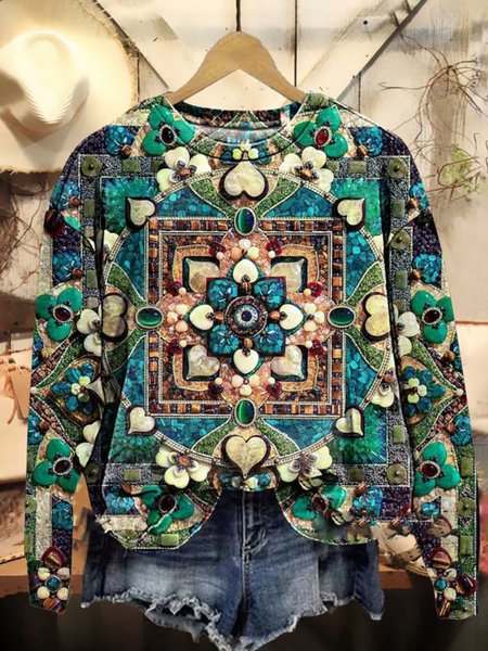 Women's Crew Neck Ethnic Casual Spring/Fall Long Sleeve Sweatshirt, Green, Sweatshirts & Hoodies