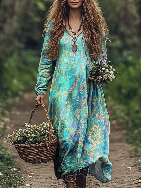 

Ethnic Print Long Sleeve V-neck Dress, Green, Maxi Dresses