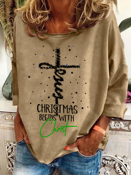 

Christmas Begins With Christ Snowman Print Casual Sweatshirt, Khaki, Hoodies&Sweatshirts