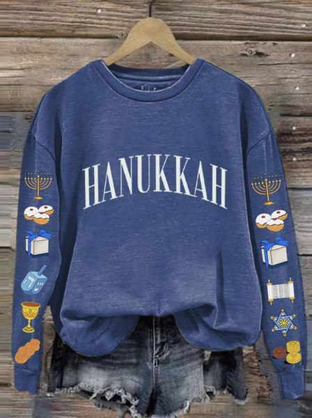 

Casual Crew Neck Text Letters Hanukkah Sweatshirt, Blue, Hoodies & Sweatshirts