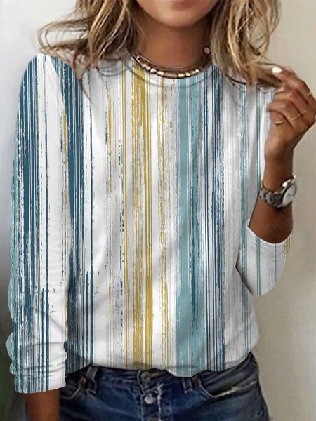 

Striped Print Crew Neck T-shirt, Blue, Long sleeves