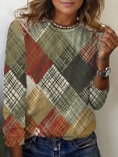 

Geometric Print Long Sleeve Crew Neck T-shirt, Army green, Long sleeves