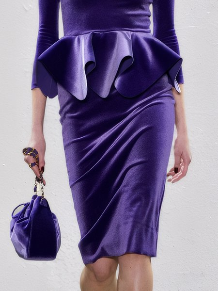 Elegant Plain Velvet Knee Length Skirt, Purple, Skirts