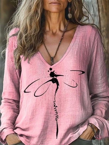

Print Casual V Neck Long Sleeve T-Shirt, Pink, Long sleeves