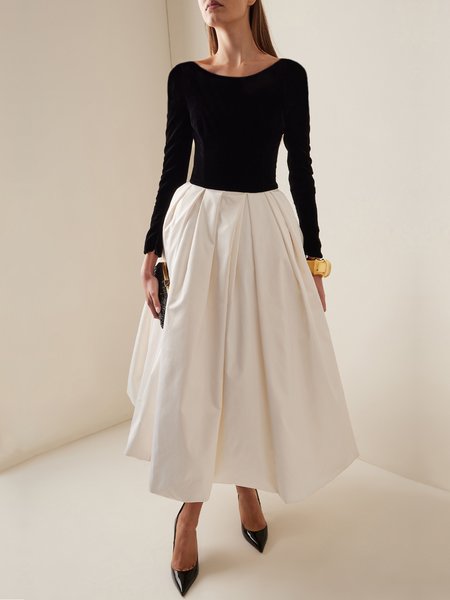 

Elegant Color Block Velvet Crew Neck Maxi Dress, Black-white, Midi Dresses