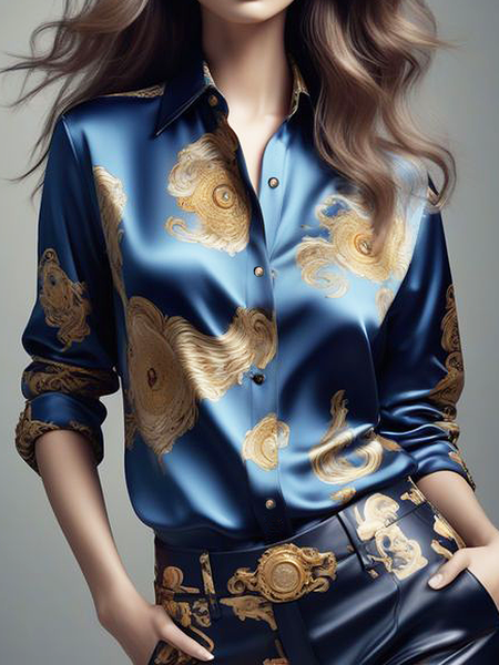 Satin Urban Random Print Shirt, Blue, Blouses and Shirts