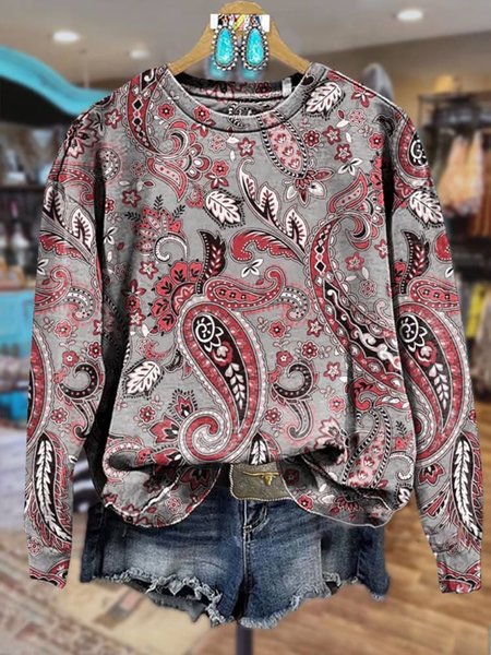 

Women's Crew Neck Ethnic Casual Spring/Fall Long Sleeve Sweatshirt, Wine red, Sweatshirts & Hoodies