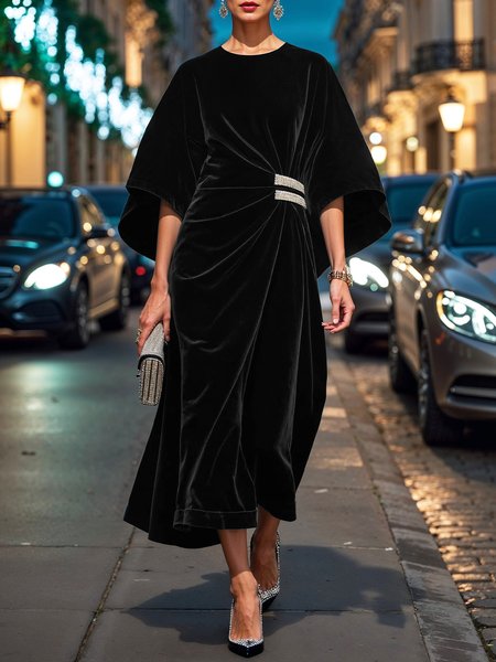 Elegant Plain Velvet Raglan Sleeves Beaded Crew Neck Dress, Black, Midi Dresses