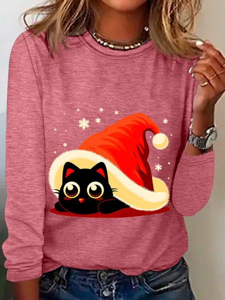 

Cat Hat Christmas Casual Long Sleeve Shirt, Watermelon, Long sleeves