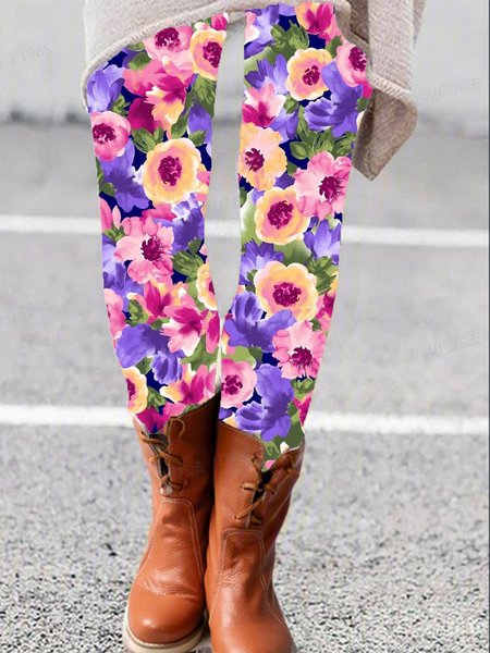 

Women's Casual Floral Jersey All Season Long Leggings, Purple, Leggings