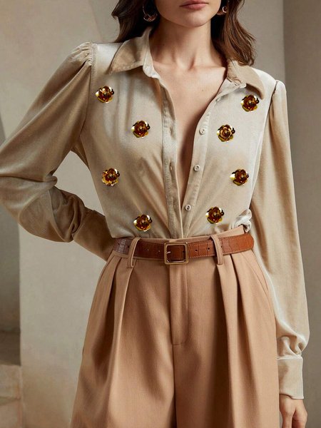 Velvet Urban Plain 3D Floral Shirt Collar Shirt, As picture, Blouses and Shirts