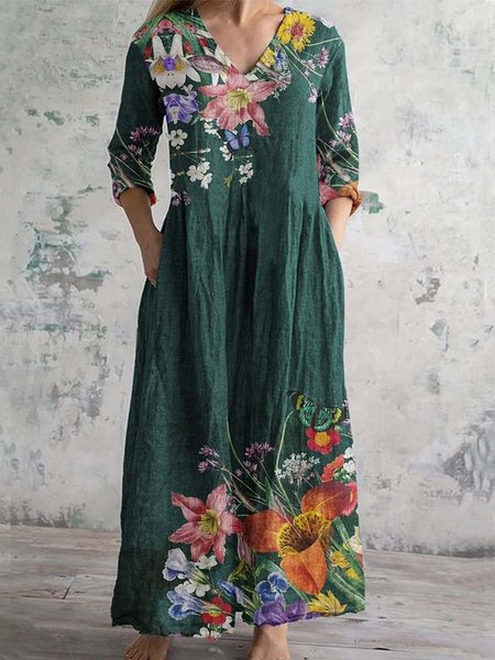 

Floral Print Long Sleeve V-neck Dress, Green, Maxi Dresses