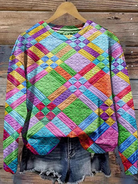 

Women's Colorful Checkered Print Casual Long Sleeve Crew Neck Sweatshirt, Multicolor, Sweatshirts & Hoodies